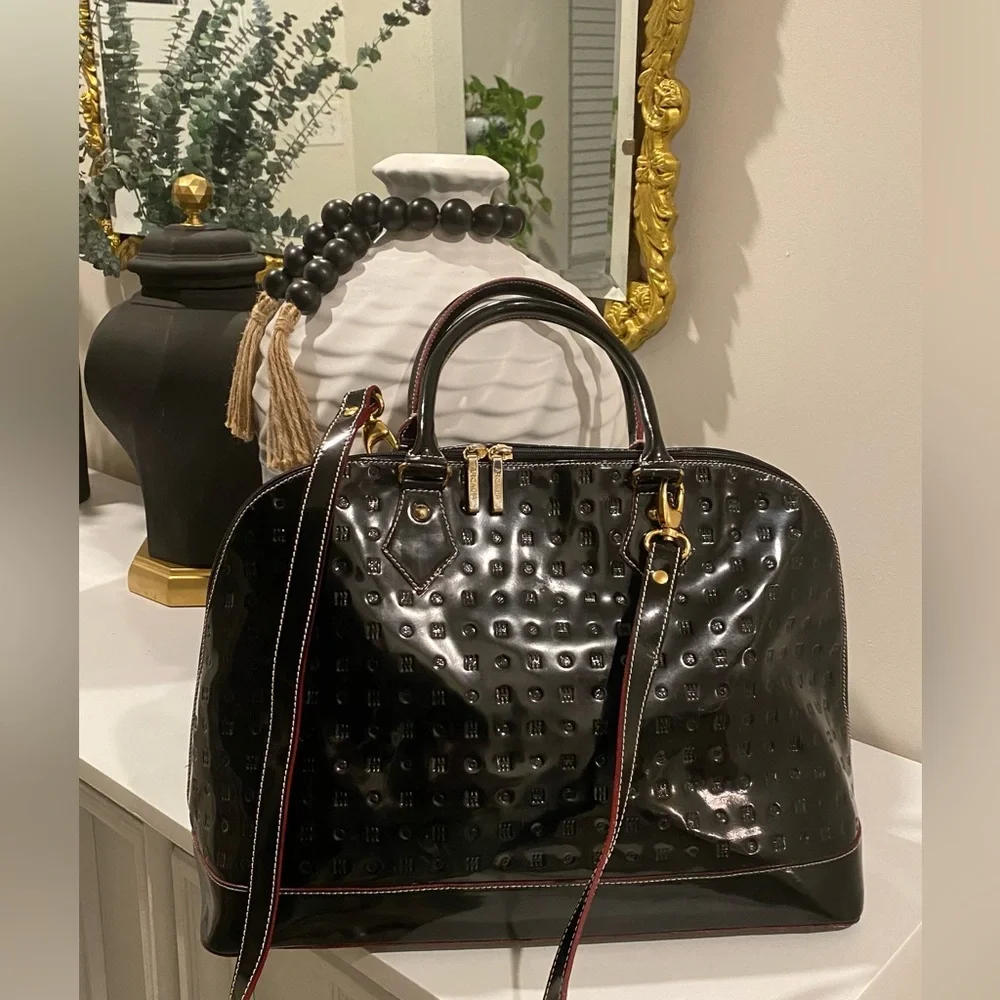 Arcadia Black Embossed Patent Leather LARGE Dome Satchel Bag made in Italy